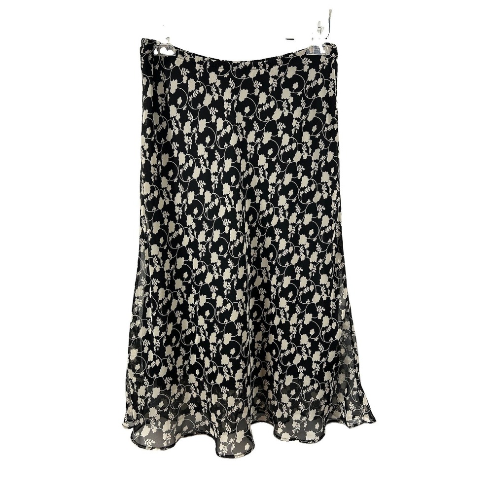 Vintage R&K Originals Floral Midi Skirt 10 Black Cream Whimsical Cottagecore 90s